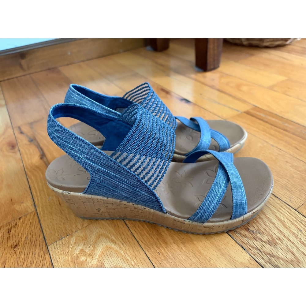 Skechers Women's Beverlee High Tea wedge sandals blue denim size 8